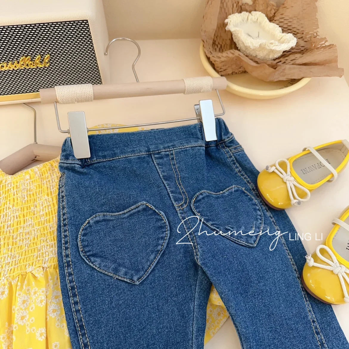 Children'S Clothing Sets Yellow Bubble Sleeve Floral Shirt +Jeans 2Pcs Kids Clothes Girls Kids Boutique Clothes for 2 to 7 Years