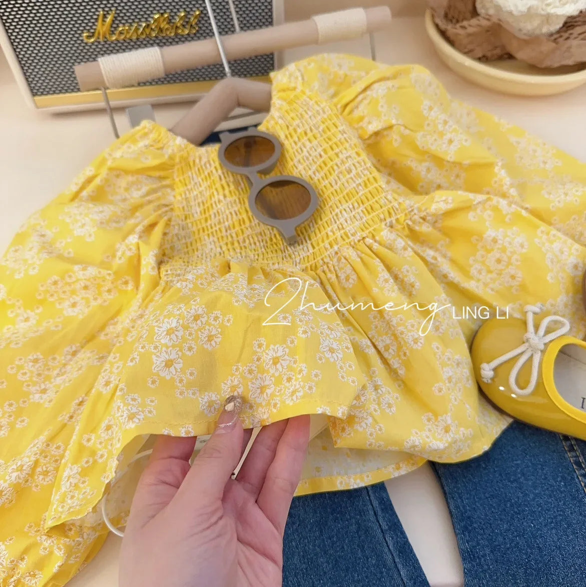 Children'S Clothing Sets Yellow Bubble Sleeve Floral Shirt +Jeans 2Pcs Kids Clothes Girls Kids Boutique Clothes for 2 to 7 Years