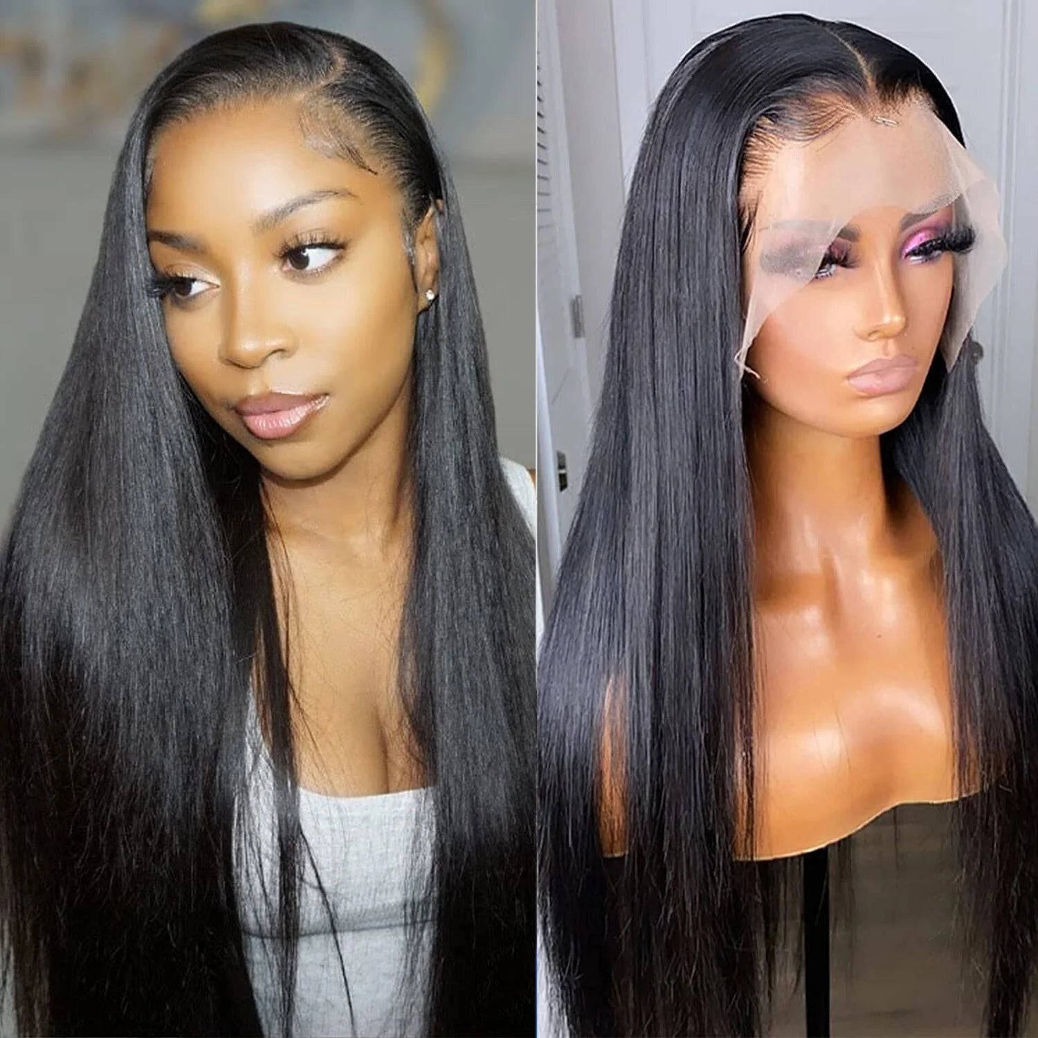 Lace Frontal Human Hair Wigs Straight 13X4 Lace Front Wigs Human Hair for Blak Women 180 Density Pre Plucked Remy Virgin Hair Natural Black Color 24 Inch