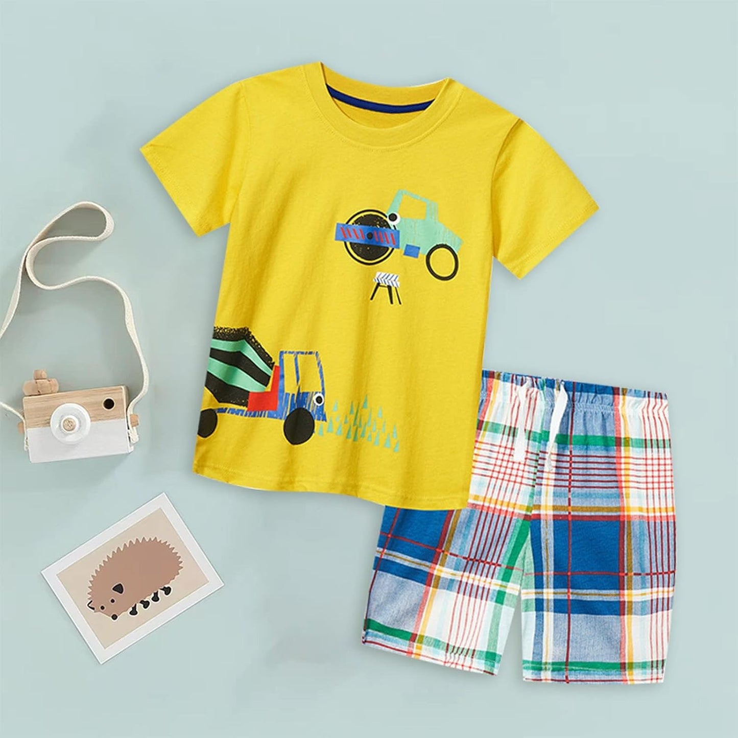 Cute Children Clothes Set 1 to 7 Years Summer Boy'S Short Sleeve Shorts Car Pattern Two Piece (Yellow, 12-24 Months)