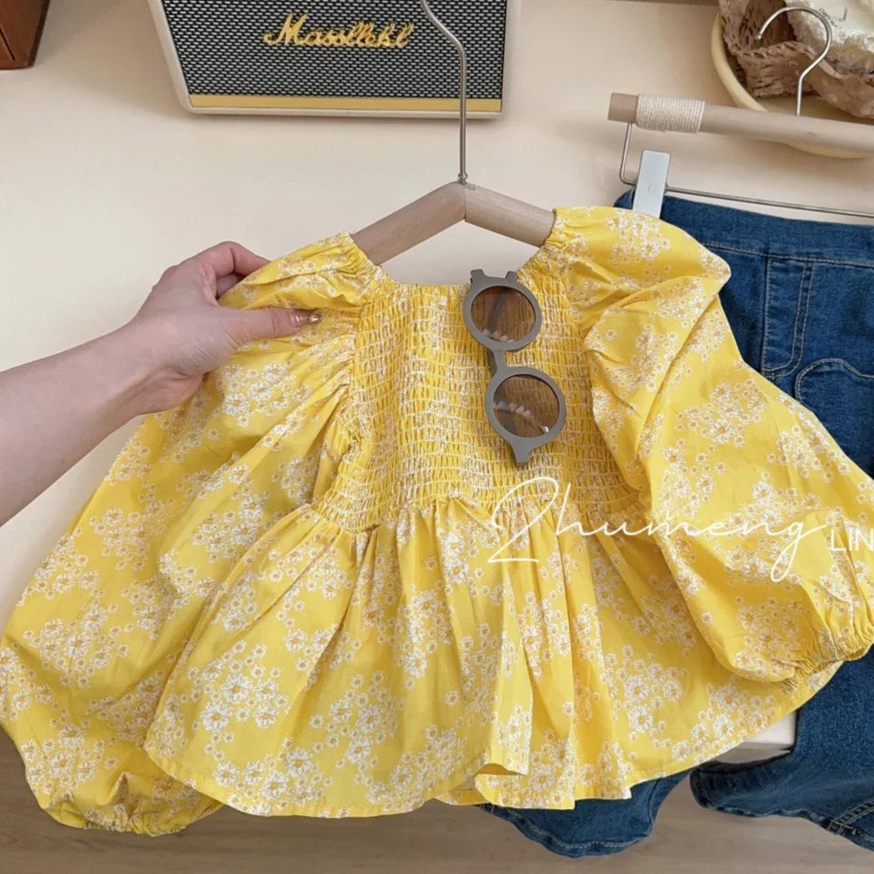 Children'S Clothing Sets Yellow Bubble Sleeve Floral Shirt +Jeans 2Pcs Kids Clothes Girls Kids Boutique Clothes for 2 to 7 Years