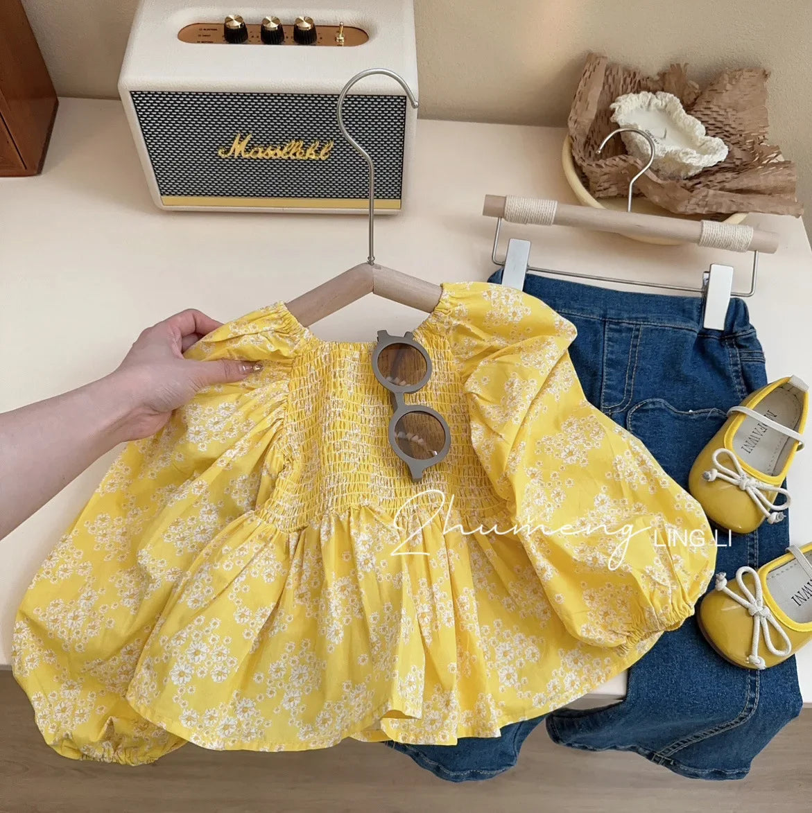 Children'S Clothing Sets Yellow Bubble Sleeve Floral Shirt +Jeans 2Pcs Kids Clothes Girls Kids Boutique Clothes for 2 to 7 Years