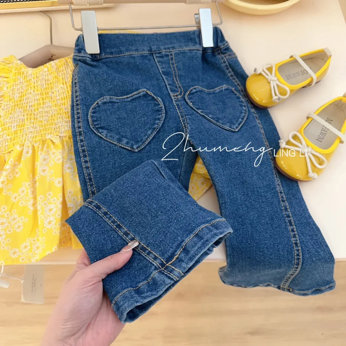Children'S Clothing Sets Yellow Bubble Sleeve Floral Shirt +Jeans 2Pcs Kids Clothes Girls Kids Boutique Clothes for 2 to 7 Years