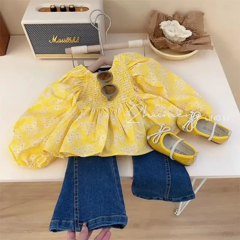 Children'S Clothing Sets Yellow Bubble Sleeve Floral Shirt +Jeans 2Pcs Kids Clothes Girls Kids Boutique Clothes for 2 to 7 Years