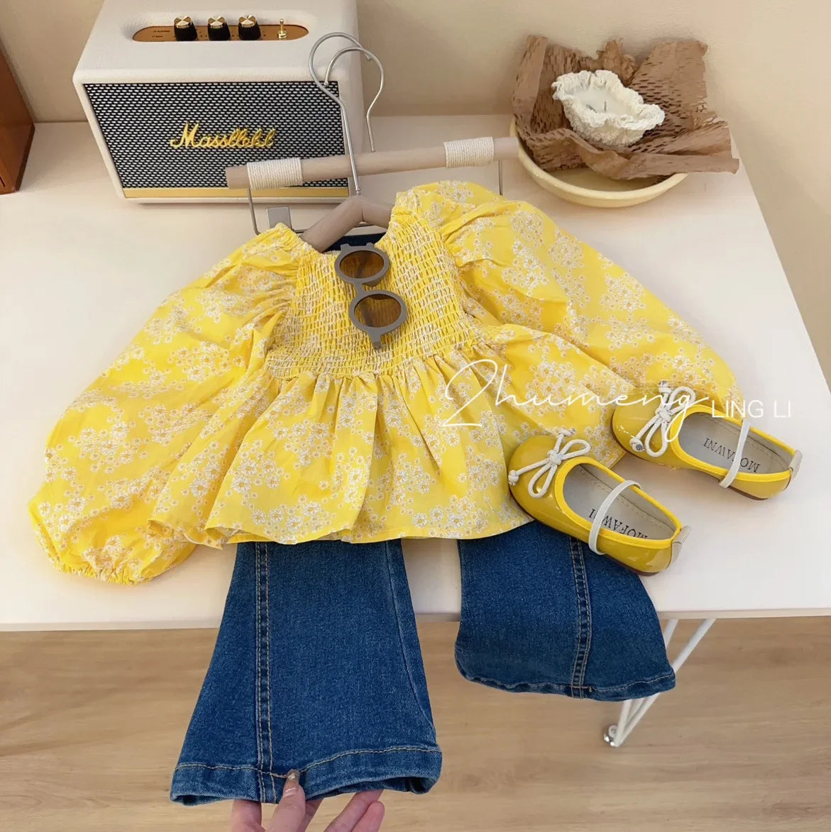 Children'S Clothing Sets Yellow Bubble Sleeve Floral Shirt +Jeans 2Pcs Kids Clothes Girls Kids Boutique Clothes for 2 to 7 Years
