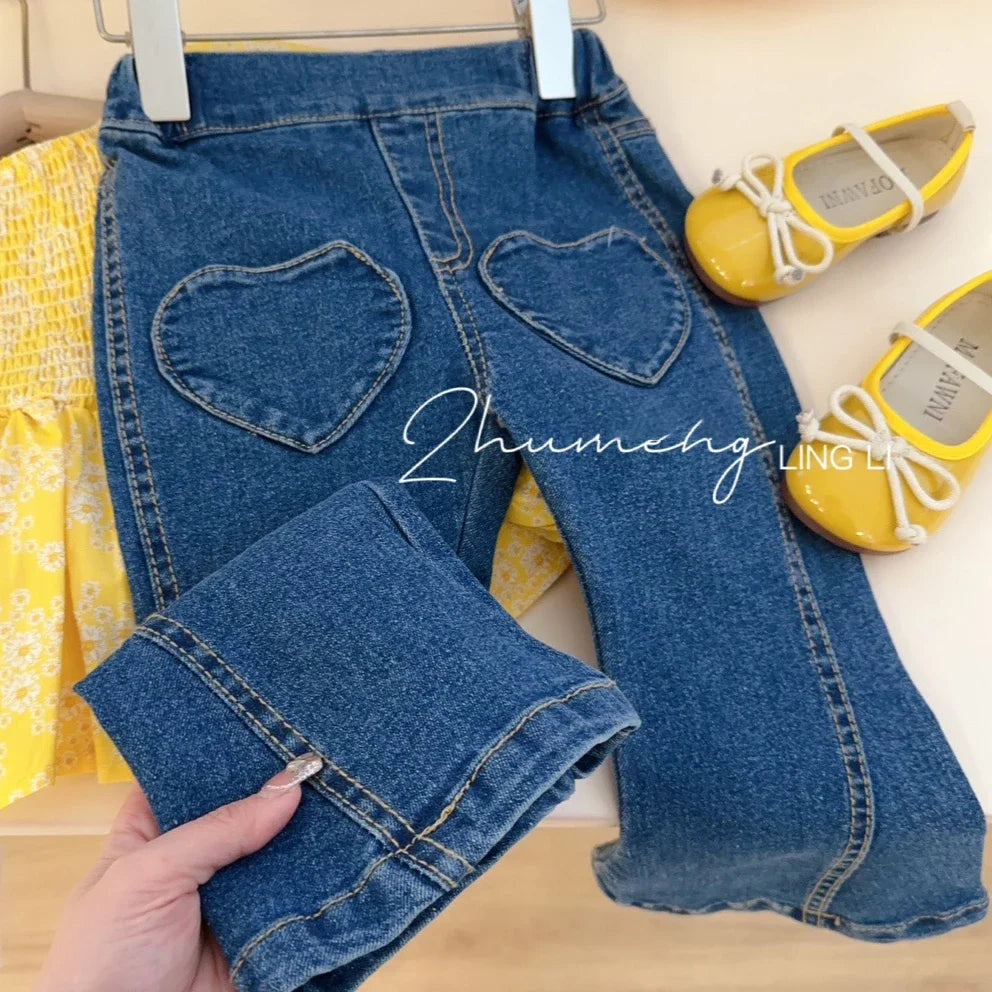 Children'S Clothing Sets Yellow Bubble Sleeve Floral Shirt +Jeans 2Pcs Kids Clothes Girls Kids Boutique Clothes for 2 to 7 Years