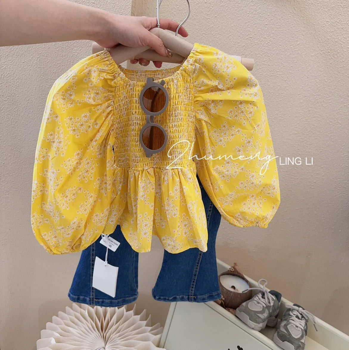 Children'S Clothing Sets Yellow Bubble Sleeve Floral Shirt +Jeans 2Pcs Kids Clothes Girls Kids Boutique Clothes for 2 to 7 Years