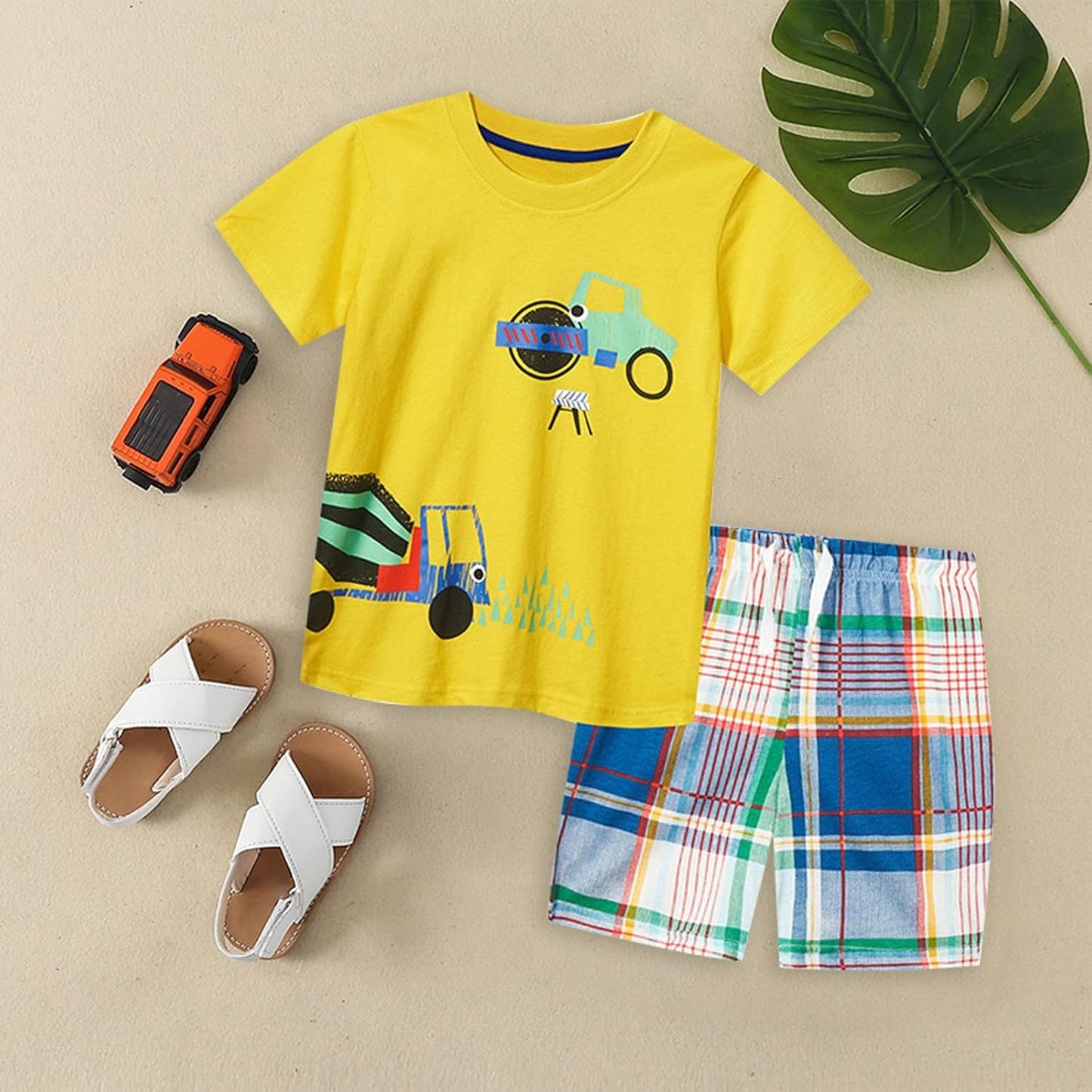 Cute Children Clothes Set 1 to 7 Years Summer Boy'S Short Sleeve Shorts Car Pattern Two Piece (Yellow, 12-24 Months)