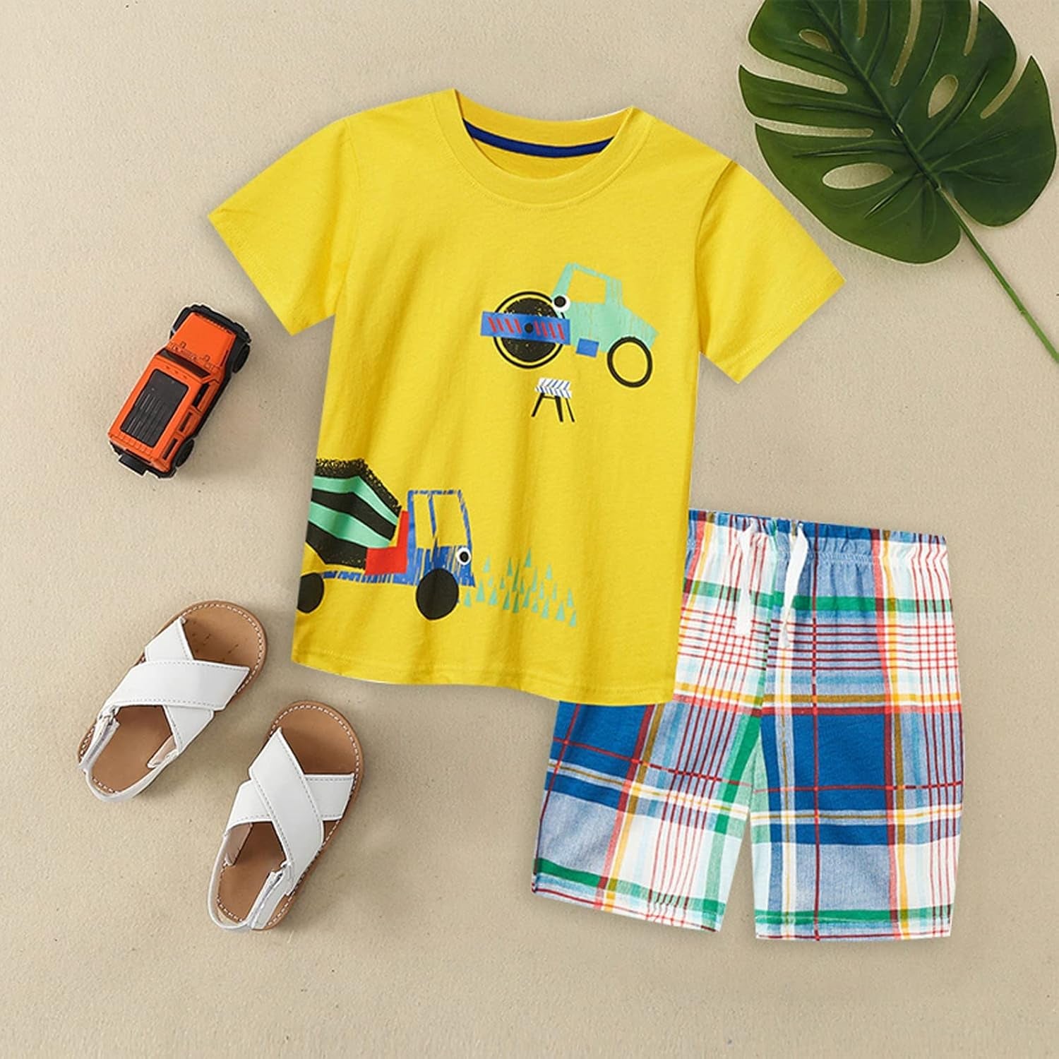 Cute Children Clothes Set 1 to 7 Years Summer Boy'S Short Sleeve Shorts Car Pattern Two Piece (Yellow, 12-24 Months)