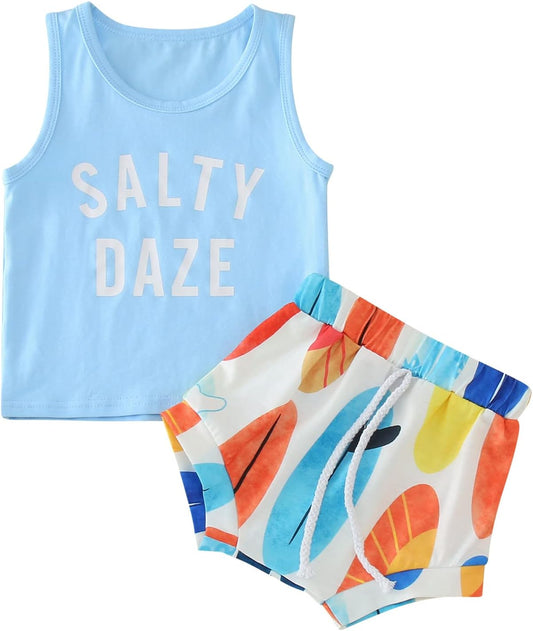 Little Toddler Kids Baby Boys Outfits Summer Sleeveless Letter Print Vest Tops Hawaii Shorts 2Pcs Clothes Sets (Light Blue, 2 Years)