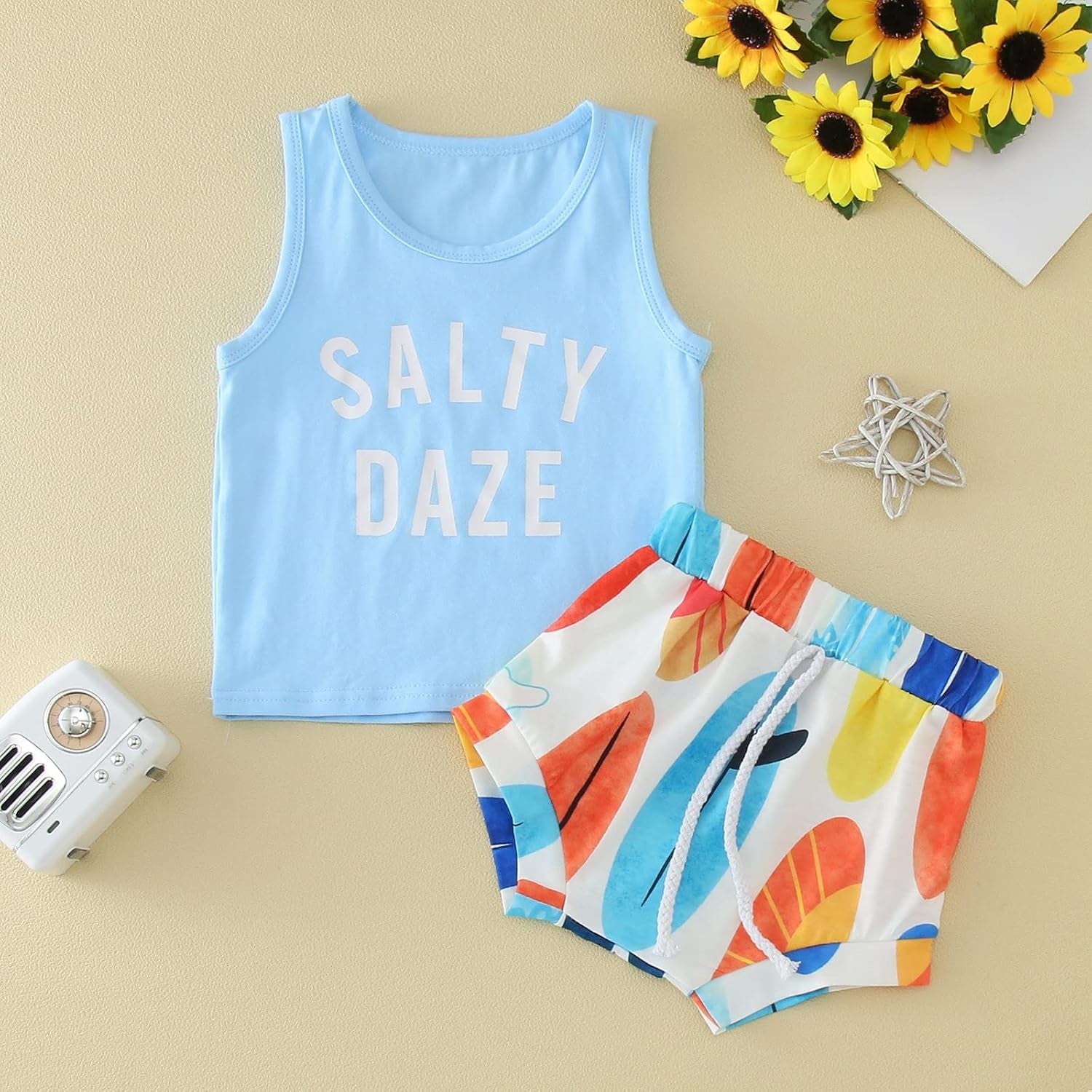 Little Toddler Kids Baby Boys Outfits Summer Sleeveless Letter Print Vest Tops Hawaii Shorts 2Pcs Clothes Sets (Light Blue, 2 Years)