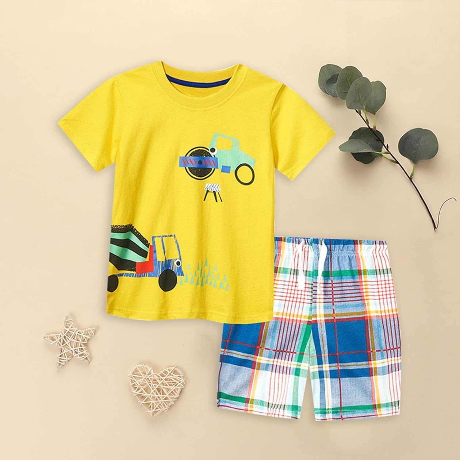 Cute Children Clothes Set 1 to 7 Years Summer Boy'S Short Sleeve Shorts Car Pattern Two Piece (Yellow, 12-24 Months)